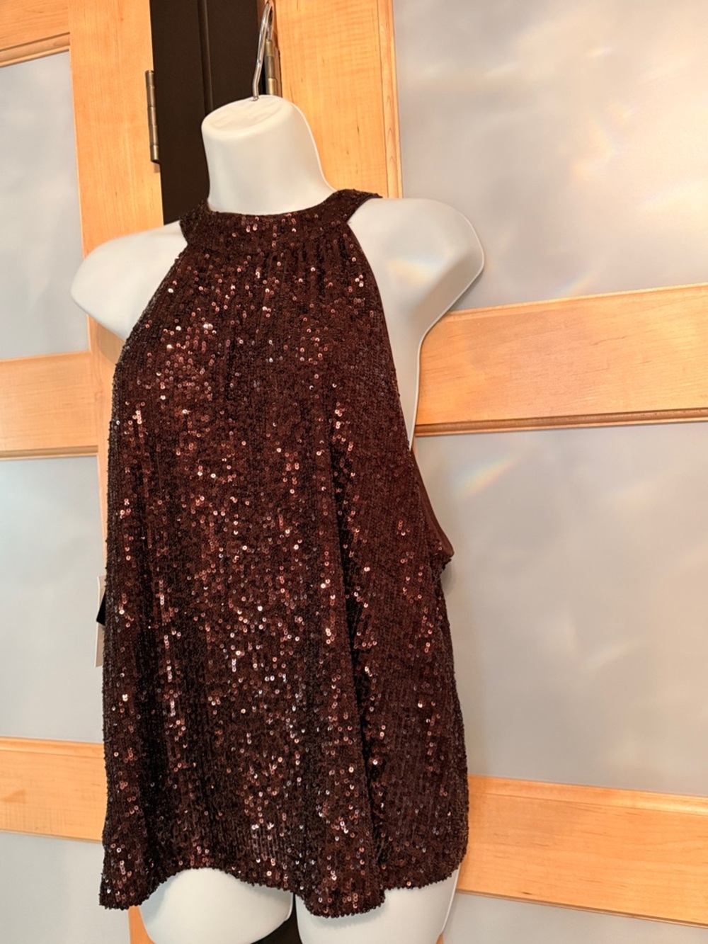 Cable and Gauge Sequin Halter Neck Dressy Top - Dark Brown, XL